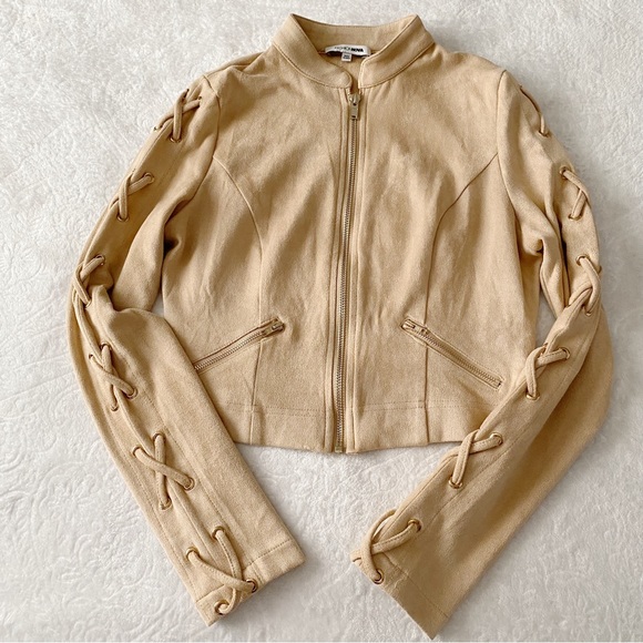 Fashion Nova Faux Suede Lace Up Sleeve Cropped Waist Jacket - Picture 3 of 10